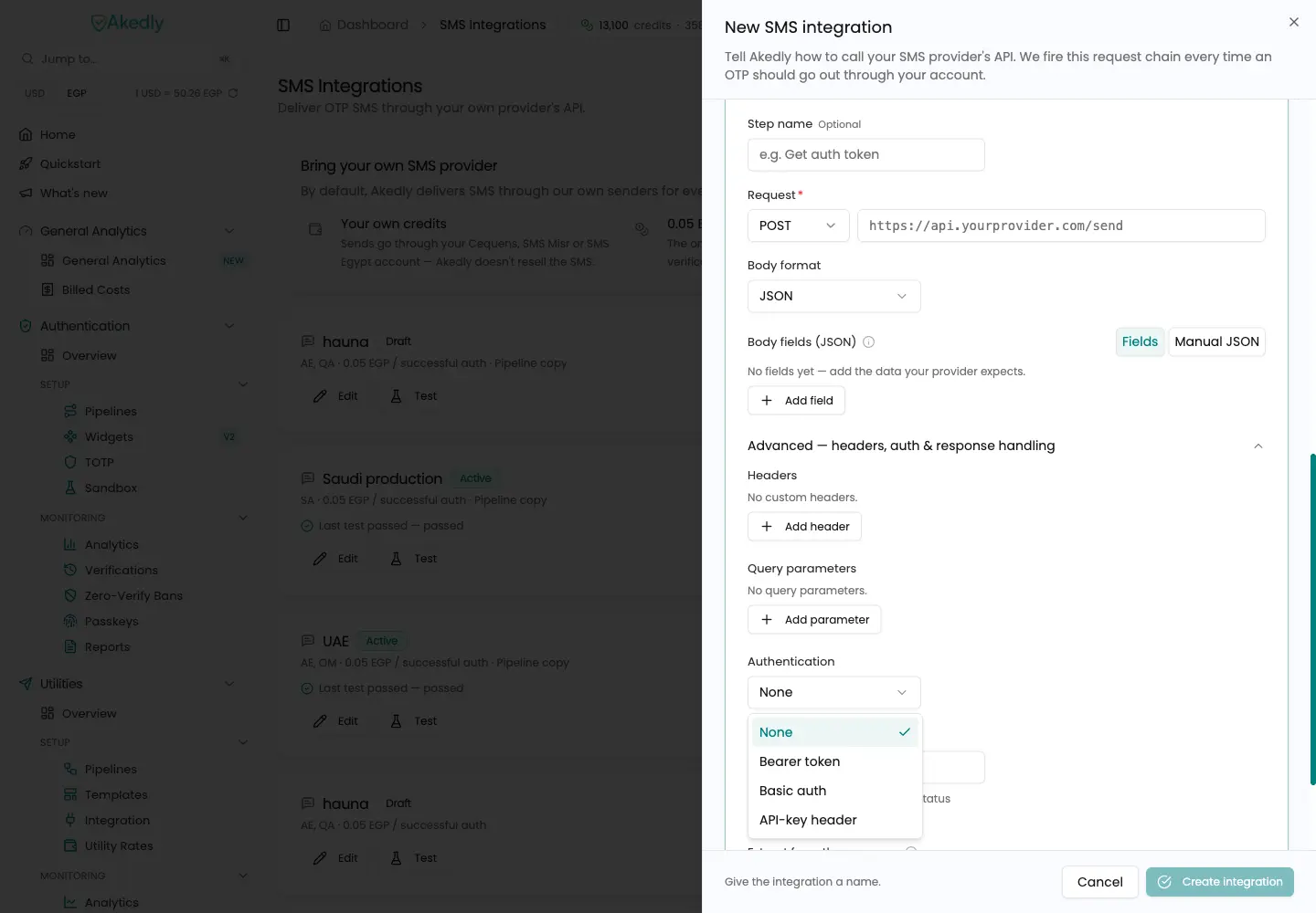 BYO SMS authentication type options