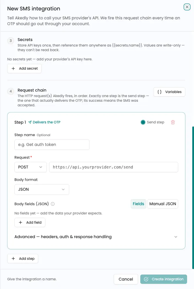 BYO SMS request-chain step fields