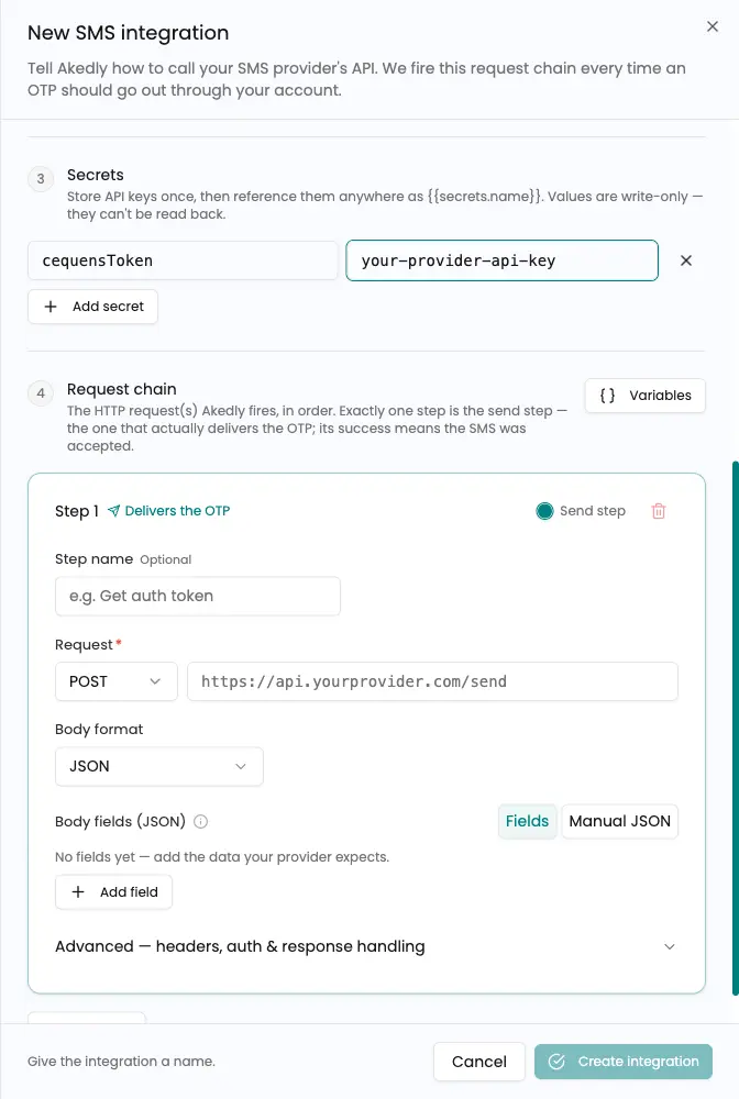 Secrets section with an example named secret in the BYO SMS integration builder