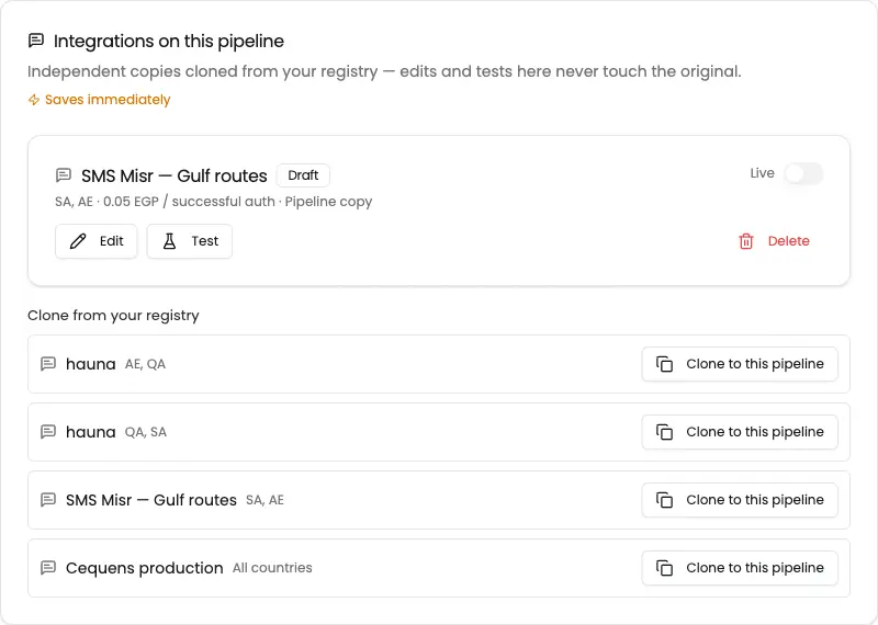 Pipeline integration list showing a newly cloned draft integration and the source registry list