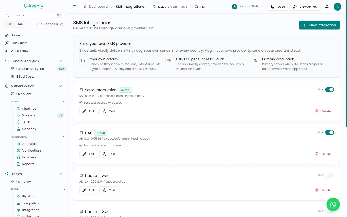 BYO SMS integrations in the Akedly dashboard — connect your own SMS provider and set its per-country routing