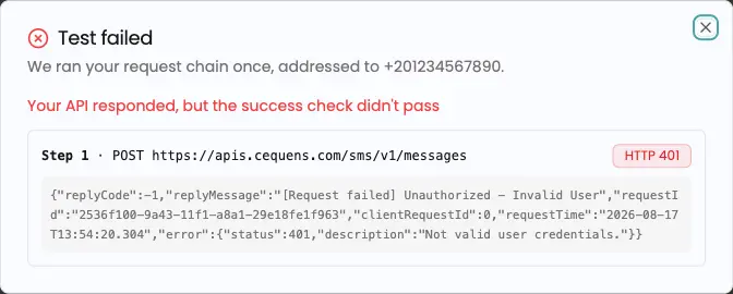 BYO SMS failed activation test showing the failed step, HTTP status, and provider response body