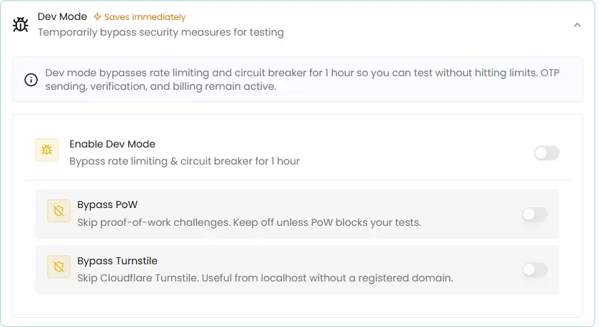 Pipeline dev mode panel with Enable Dev Mode, Bypass PoW and Bypass Turnstile toggles