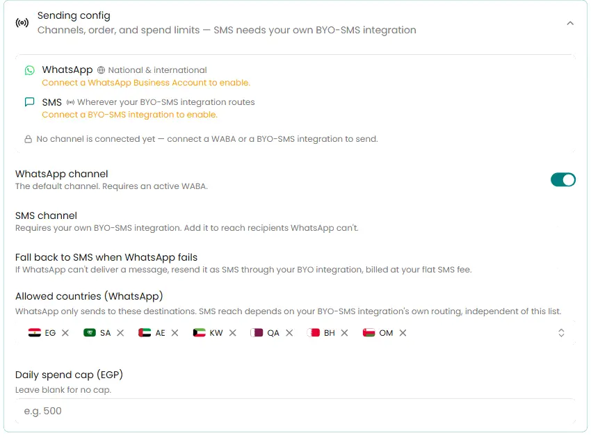 The Sending config section of a utility pipeline: channels, channel order, allowed countries and the daily spend cap