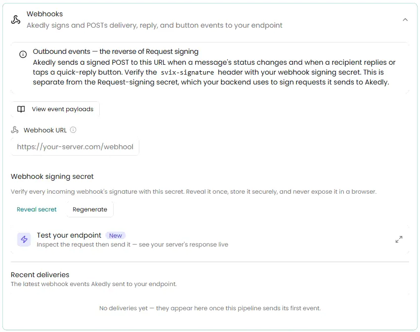 The Webhooks section of a utility pipeline, with the callback URL and the signing secret