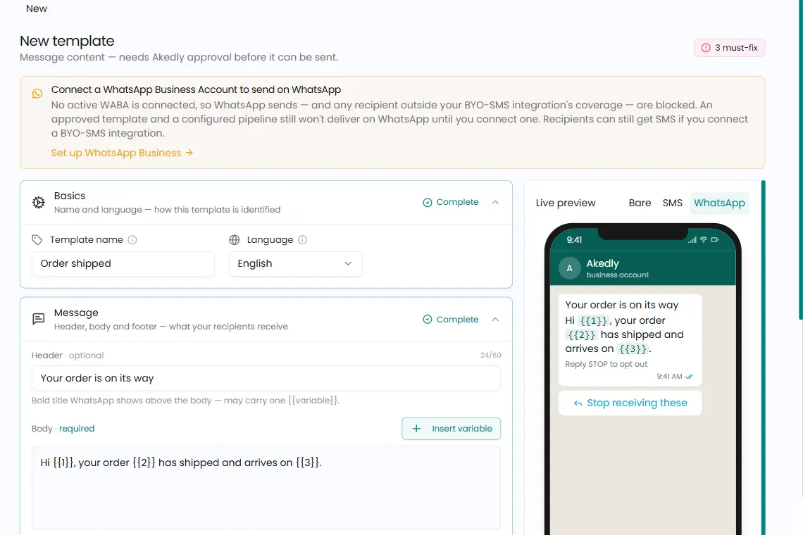 The Akedly template editor with Basics and Message sections filled in, and a live WhatsApp preview beside them