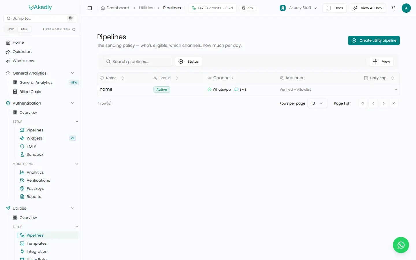 Utility pipelines in the Akedly dashboard