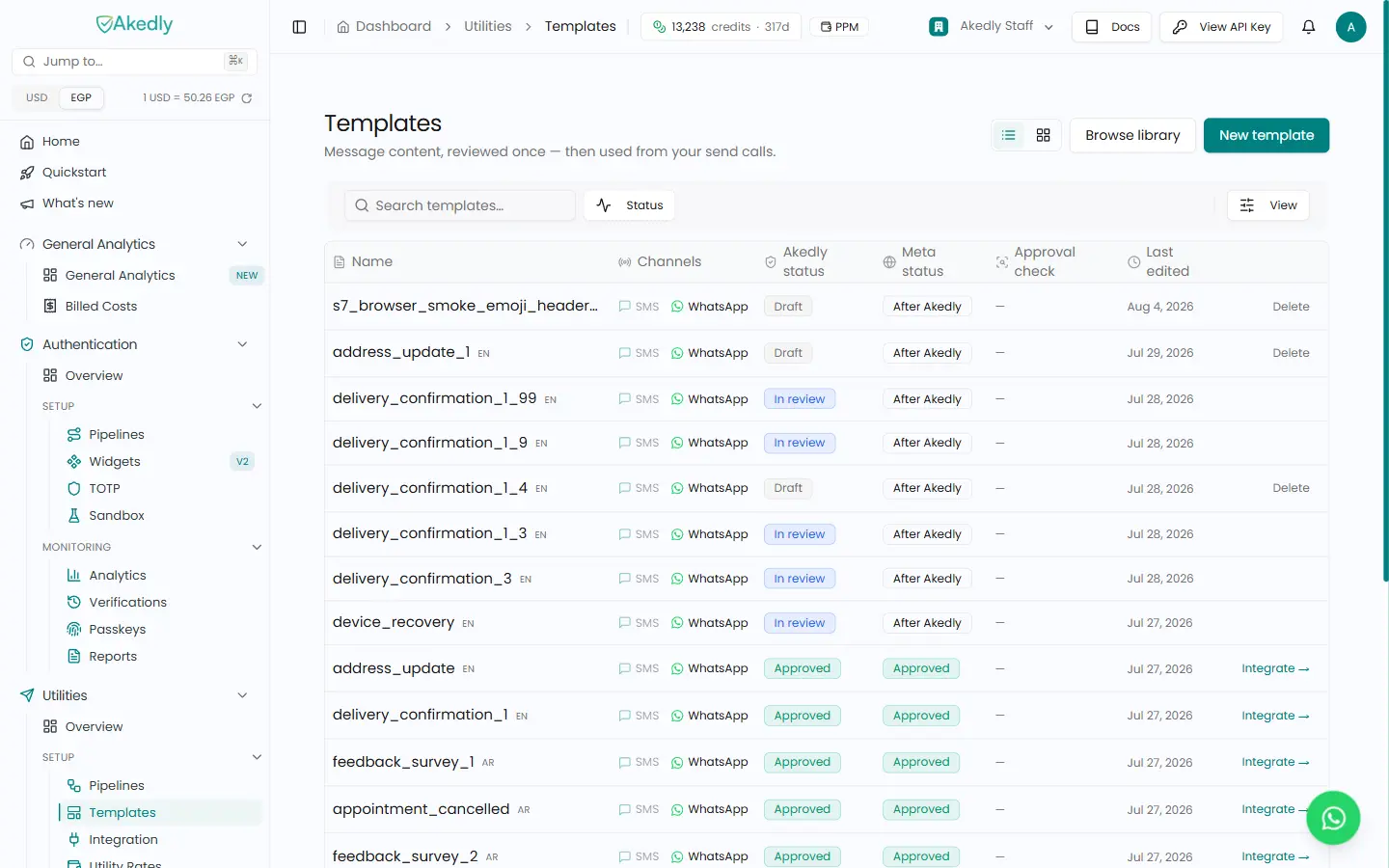 Utility templates in the Akedly dashboard, with their Akedly and Meta approval status