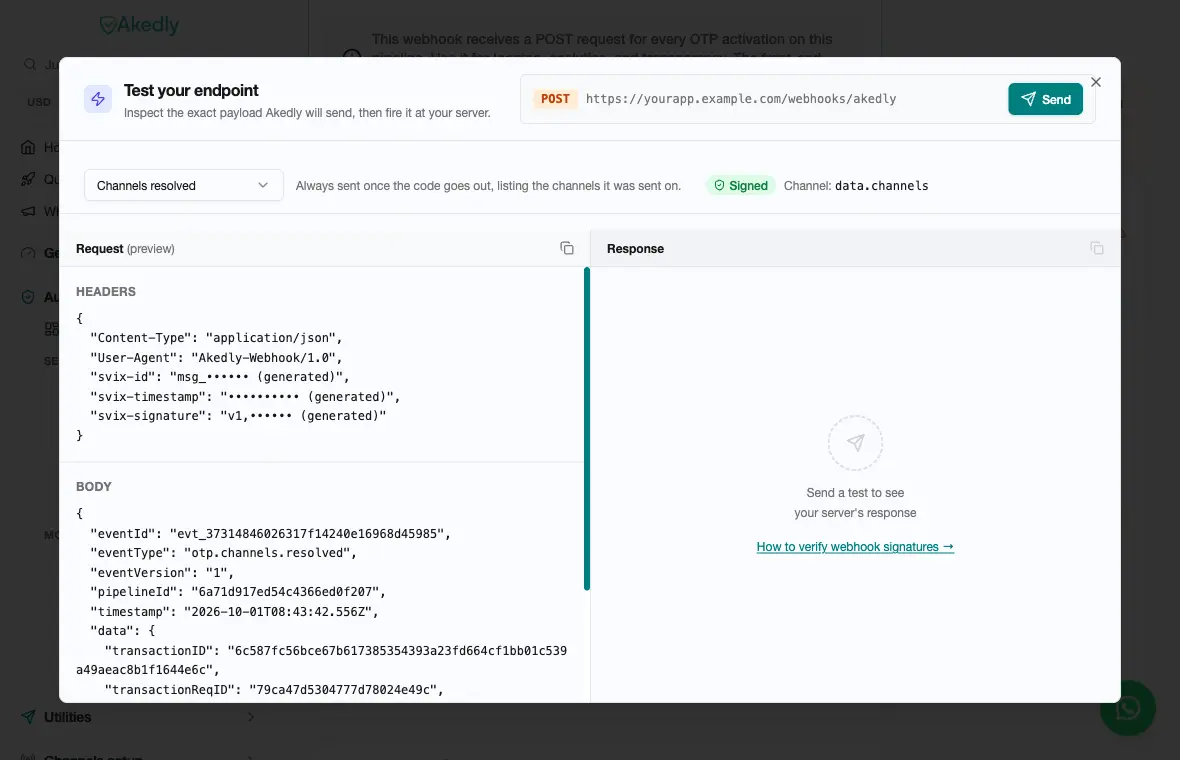 The Test your endpoint dialog showing the webhook picker, signed badge, channel field, request headers and body, with the response panel alongside