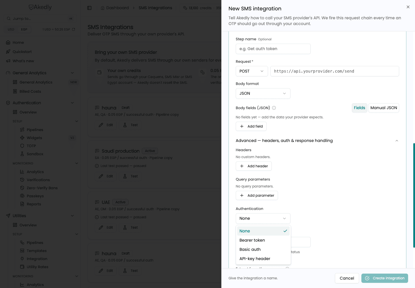 BYO SMS authentication type options