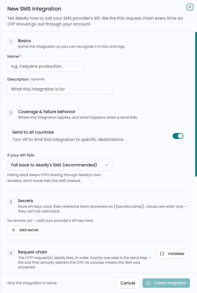 BYO SMS integration basics fields