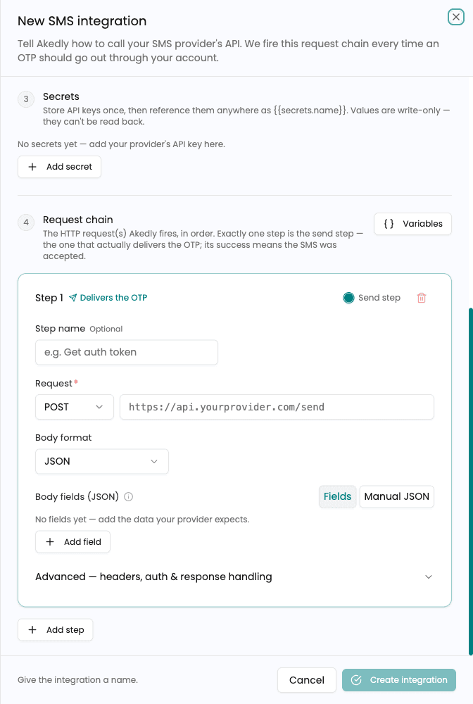 BYO SMS request-chain step fields