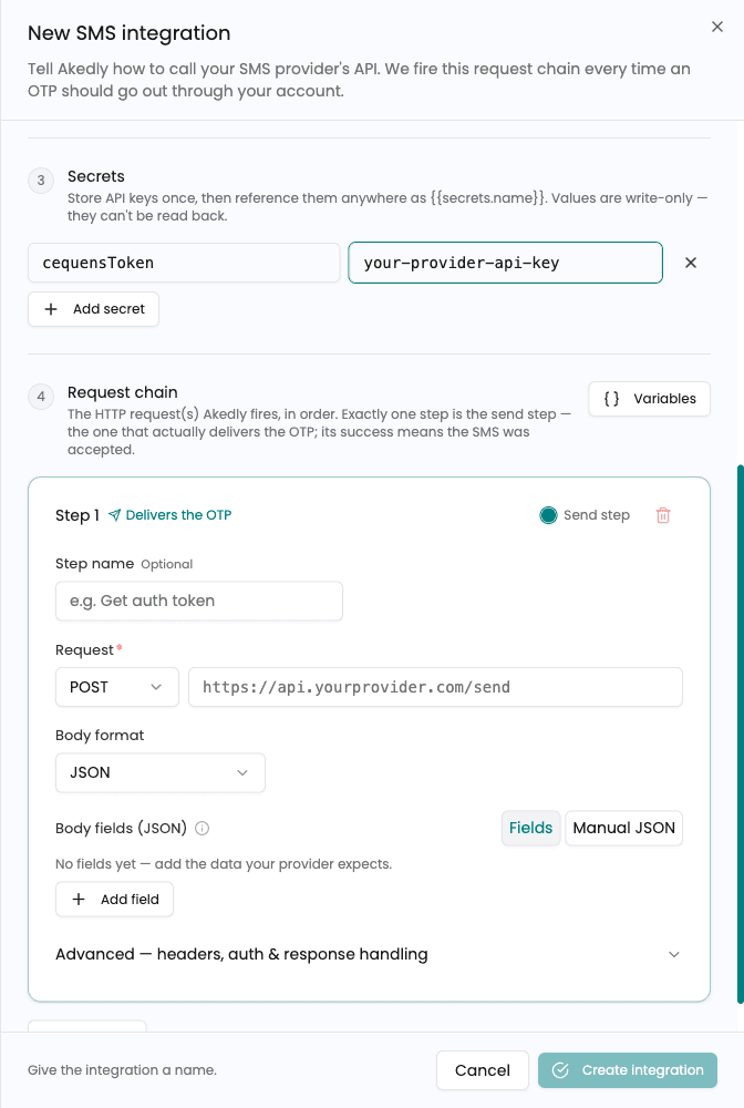 Secrets section with an example named secret in the BYO SMS integration builder