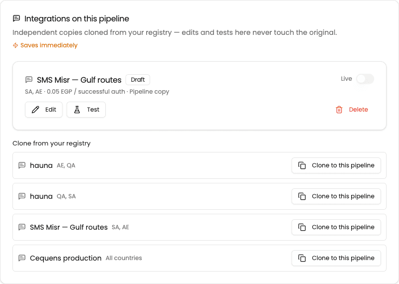 Pipeline integration list showing a newly cloned draft integration and the source registry list