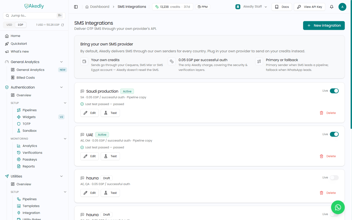 BYO SMS integrations in the Akedly dashboard — connect your own SMS provider and set its per-country routing