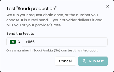 BYO SMS test dialog enforcing Saudi Arabia coverage for the test recipient