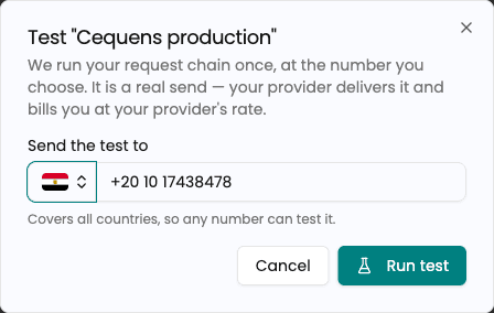 BYO SMS activation-test dialog with the test recipient and Run test button