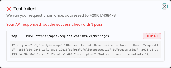 BYO SMS failed activation test showing the failed step, HTTP status, and provider response body