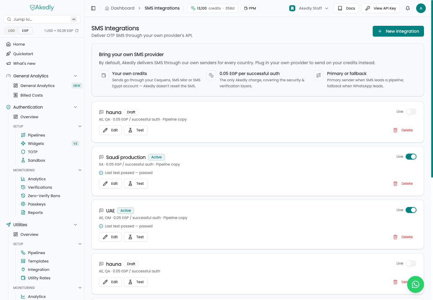 BYO SMS registry showing active integrations with passing tests and draft integrations