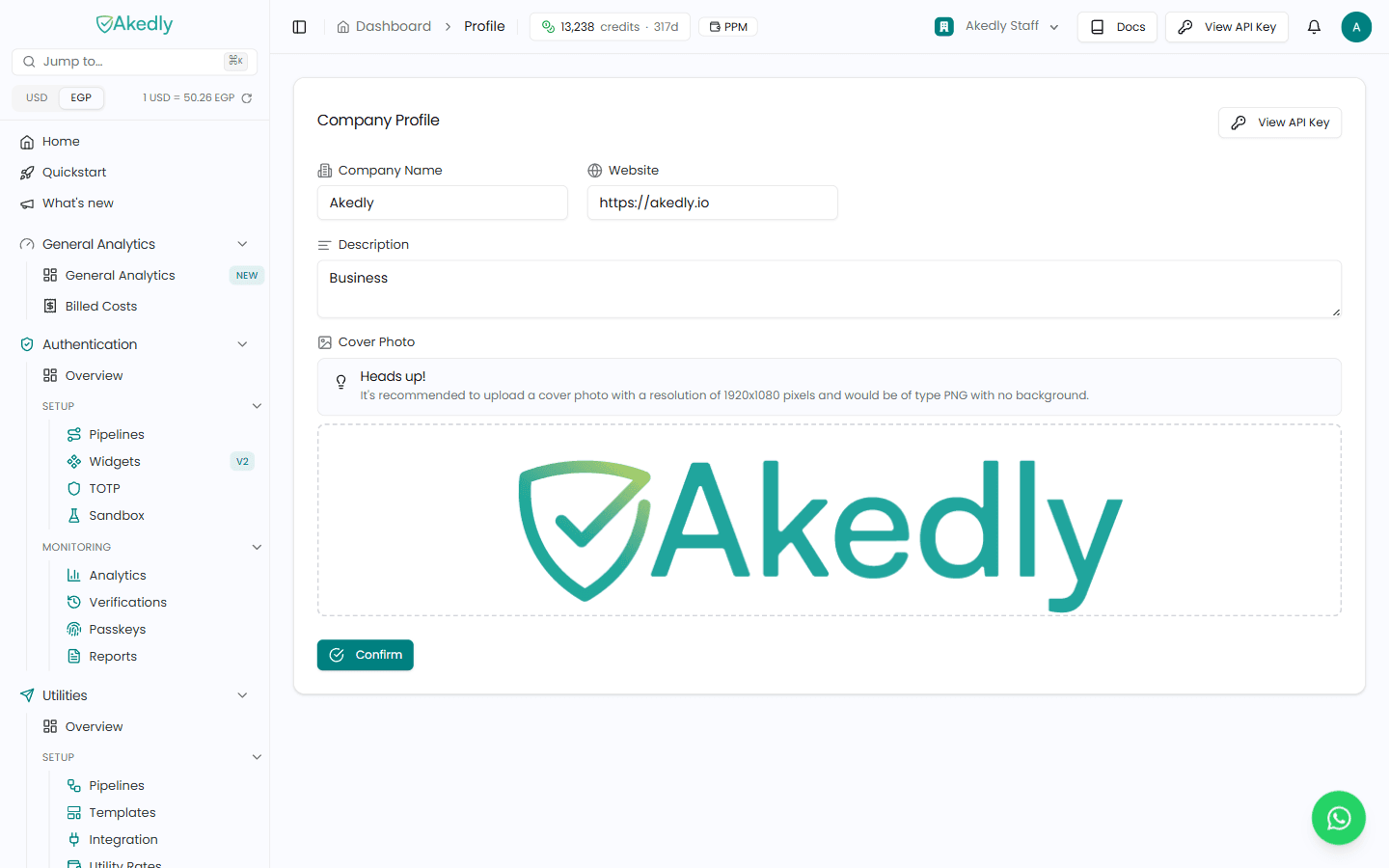 The Company Profile page in the Akedly dashboard, where the name, website, description and cover photo used for branding are set