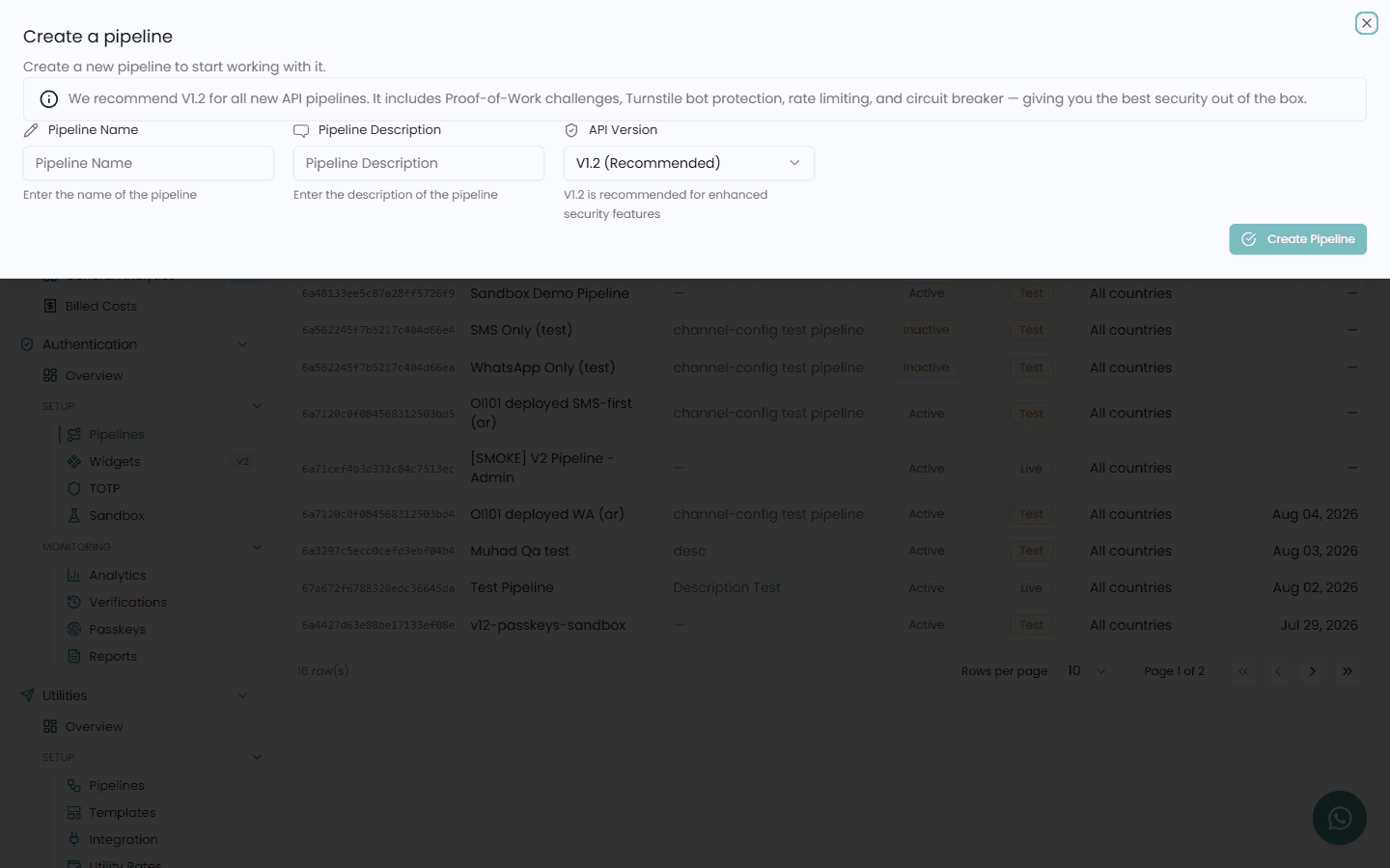 Create pipeline sheet with the API Version selector set to V1.2 (Recommended)