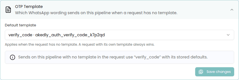 Pipeline OTP Template section with verify_code chosen as the default template and a notice that requests without a template use it with its stored defaults.