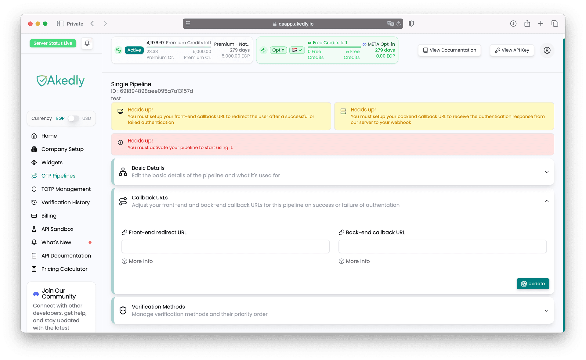 Callback URLs configuration screen