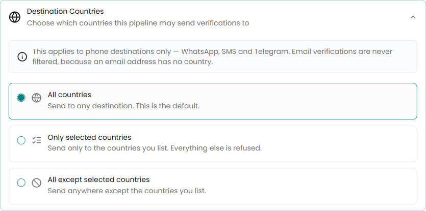 Destination countries section