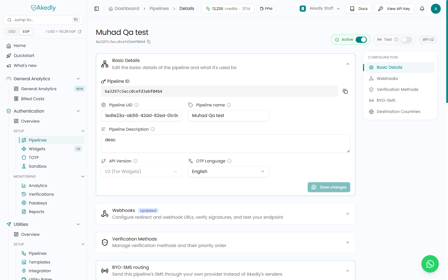 The same page on a V2 pipeline — the API version selector is disabled and the Configuration rail is much shorter