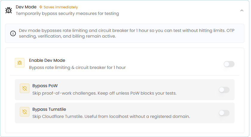 Pipeline dev mode panel with Enable Dev Mode, Bypass PoW and Bypass Turnstile toggles