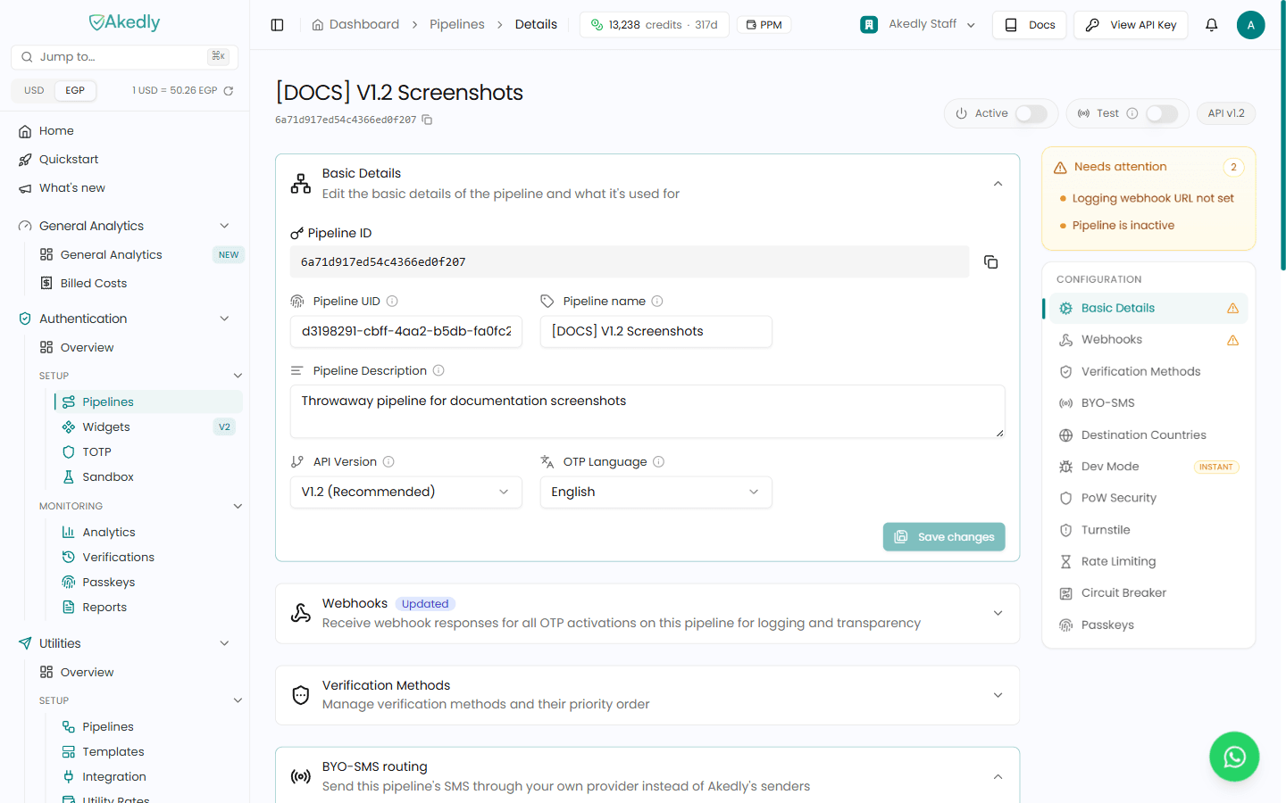 A V1.2 pipeline detail page: Active, Test and API version chips in the header, Basic Details open, and the Configuration rail listing every section