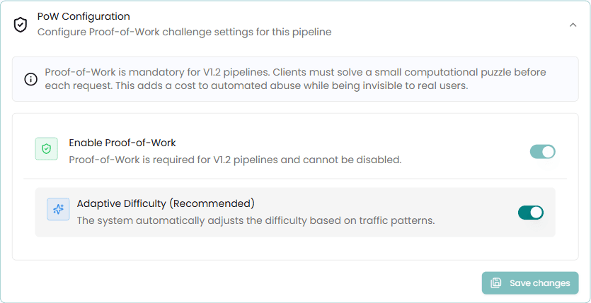 Proof-of-Work pipeline settings: Enable Proof-of-Work locked on, Adaptive Difficulty on by default