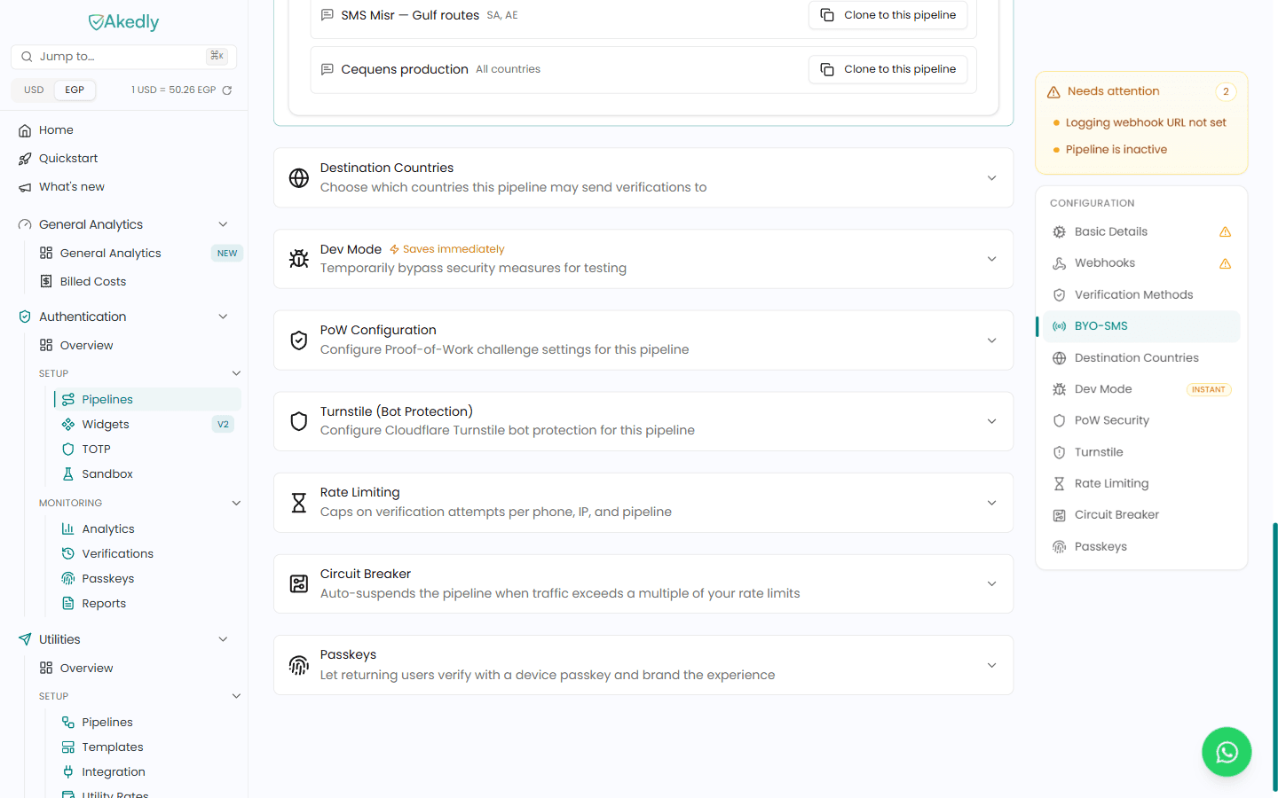 Account-level BYO-SMS integrations listed with a Clone to this pipeline action, above the remaining pipeline sections