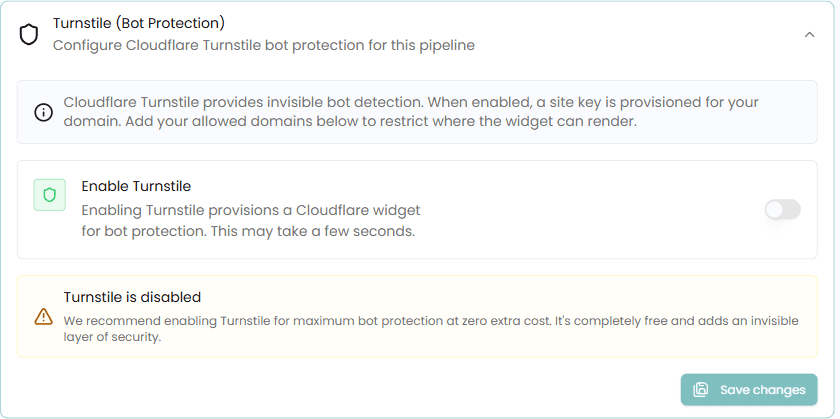 Enable Turnstile pipeline toggle, off by default, noting that enabling it provisions a Cloudflare widget