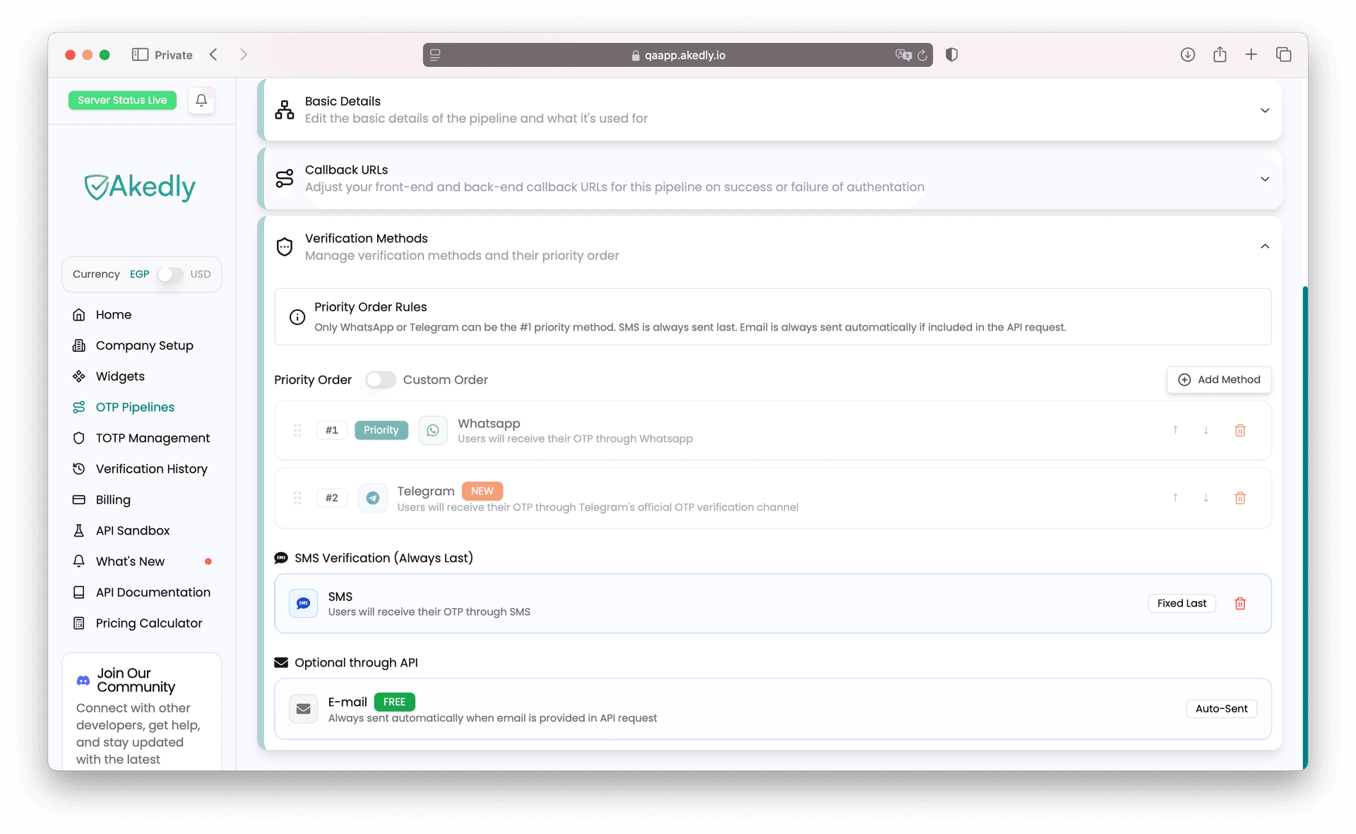 Verification Methods configuration with priority order