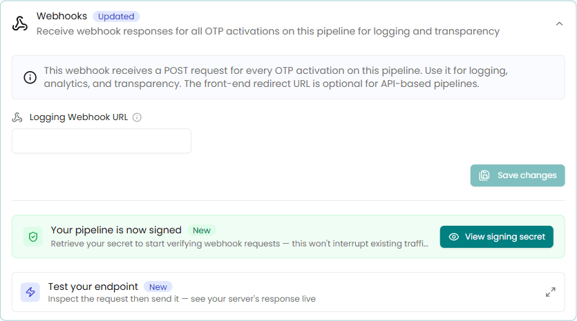Pipeline Webhooks section showing the Logging Webhook URL and its signing secret