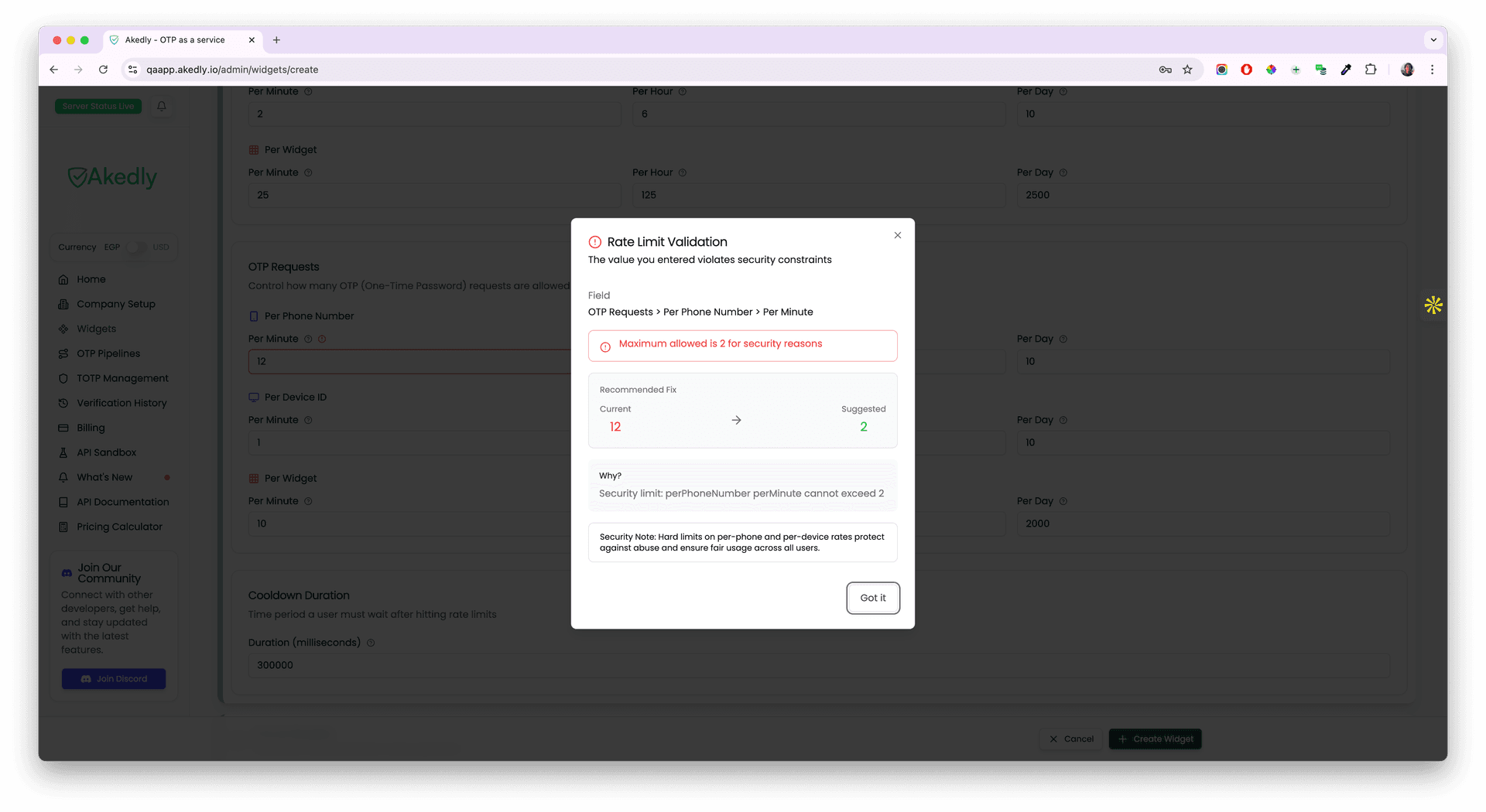 Rate Limit Validation Warning