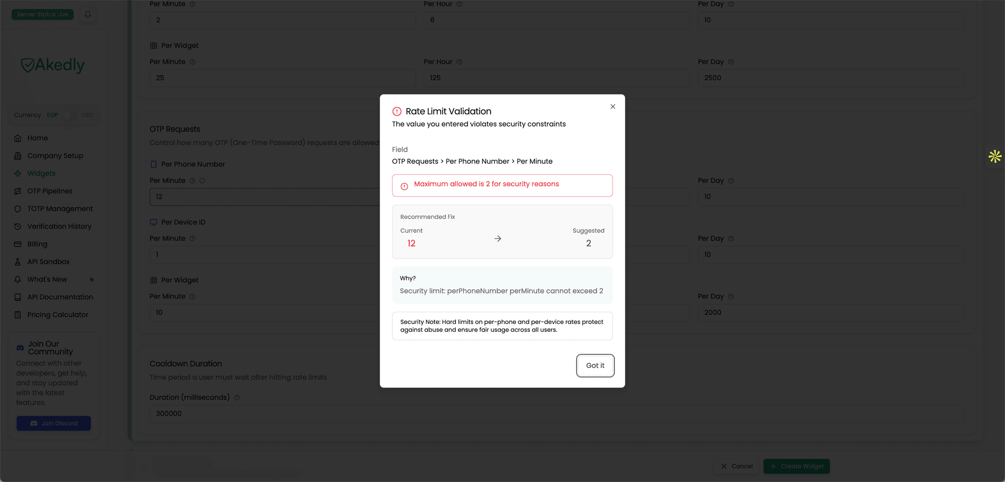 Rate Limit Validation Warning