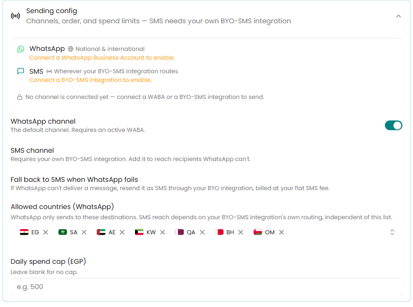 The Sending config section of a utility pipeline: channels, channel order, allowed countries and the daily spend cap