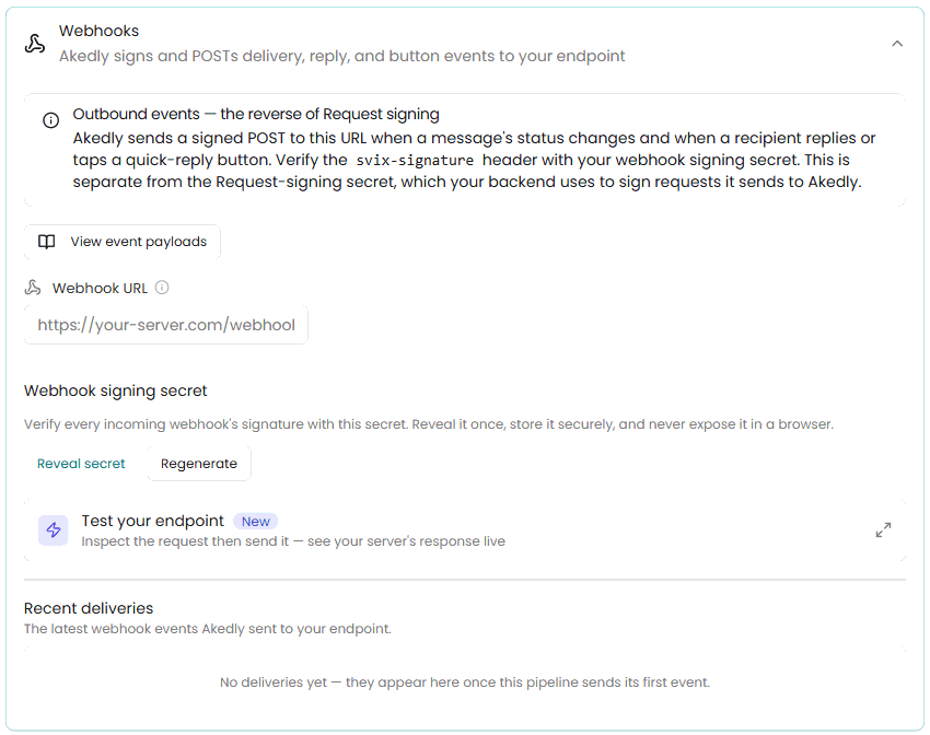 The Webhooks section of a utility pipeline, with the callback URL and the signing secret