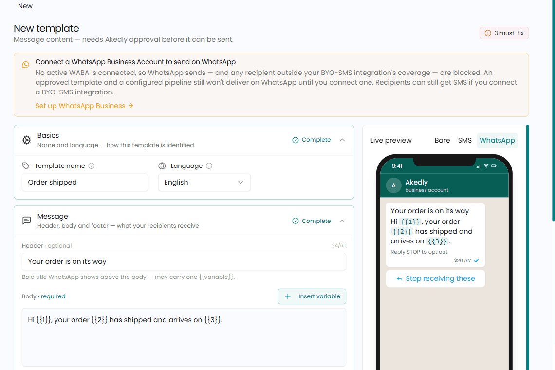 The Akedly template editor with Basics and Message sections filled in, and a live WhatsApp preview beside them