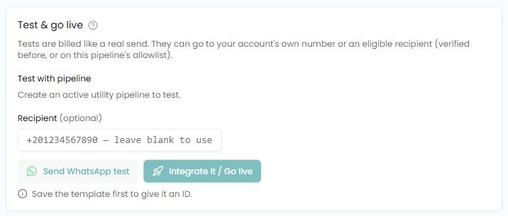 The Test and go live panel in the template editor, with the recipient field and the Send WhatsApp test button