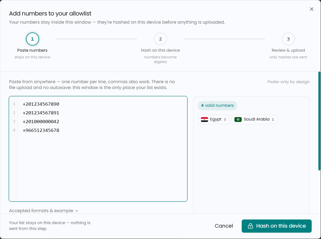 Adding numbers to a pipeline's allowlist in the Akedly dashboard — hashed on your device before only the digests are uploaded