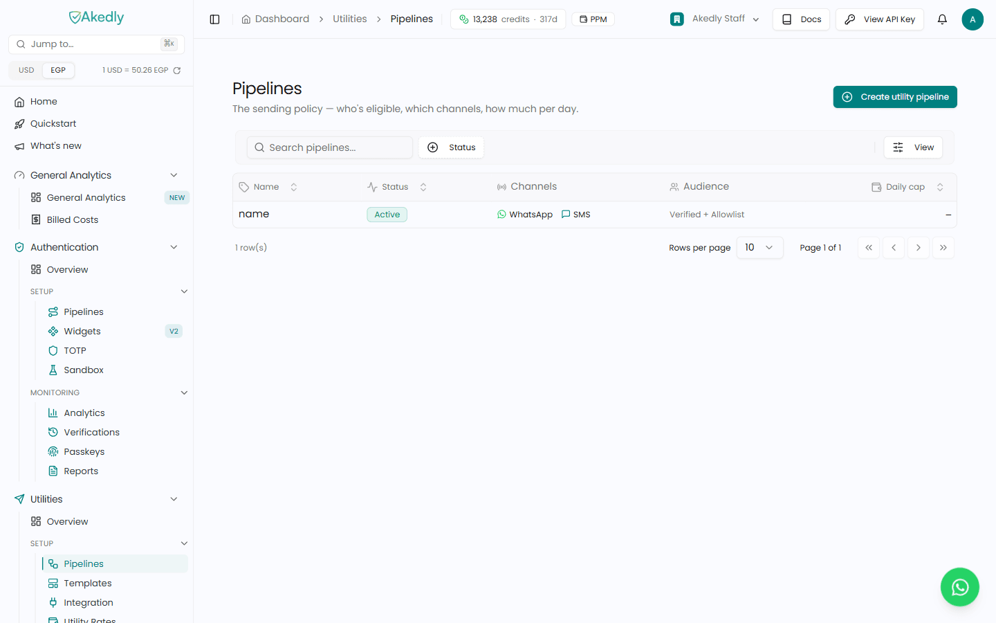 Utility pipelines in the Akedly dashboard