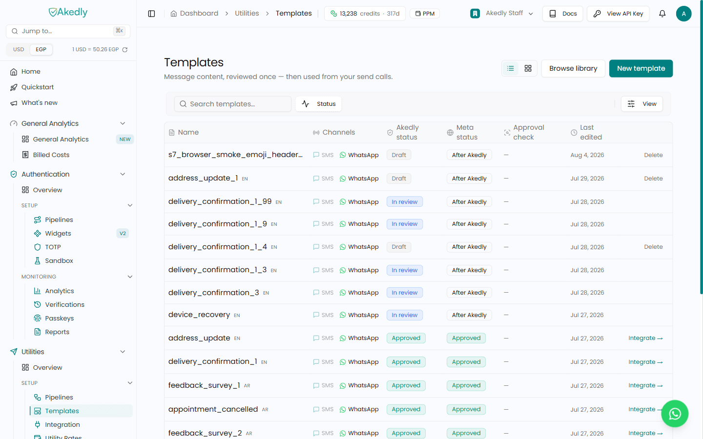 Utility templates in the Akedly dashboard, with their Akedly and Meta approval status