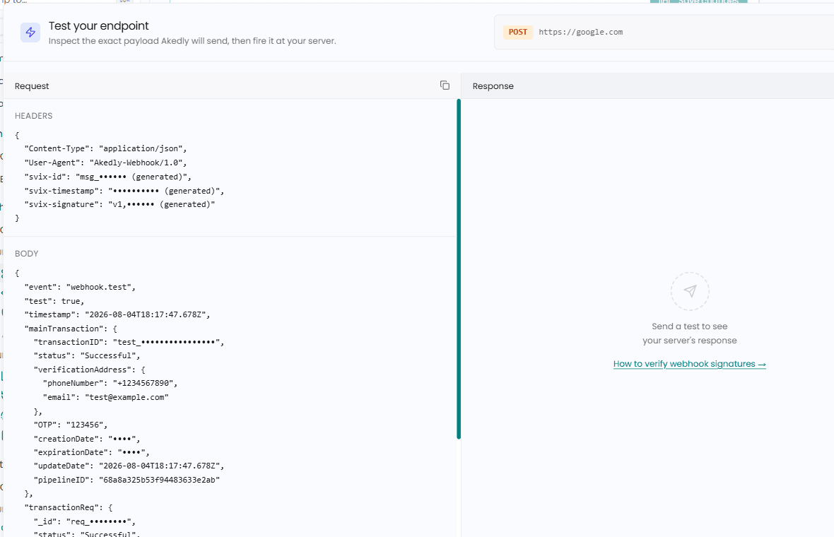 The Test your endpoint dialog showing request headers and the sample body, with the response panel alongside