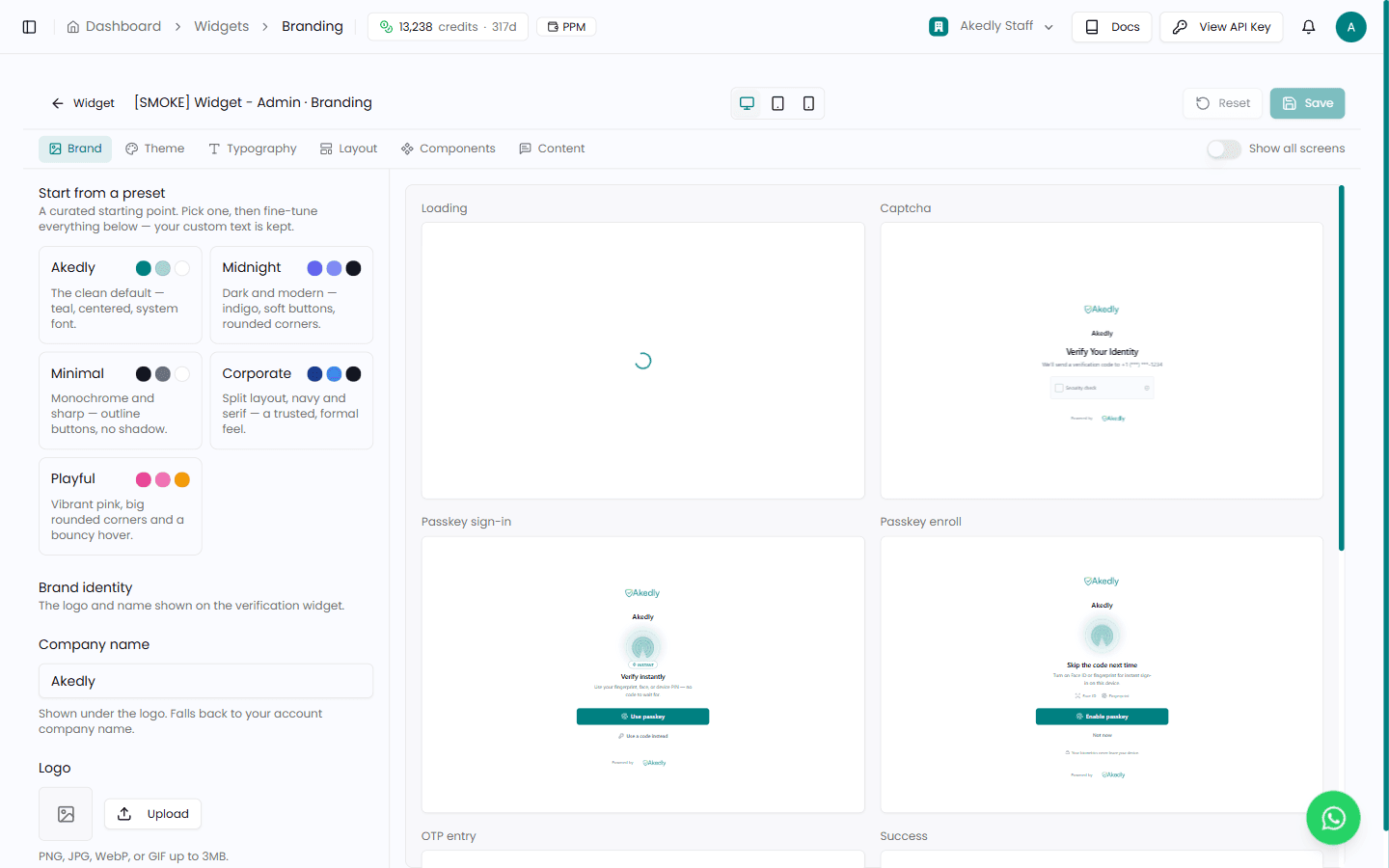 Branding Studio with tabs and live widget preview