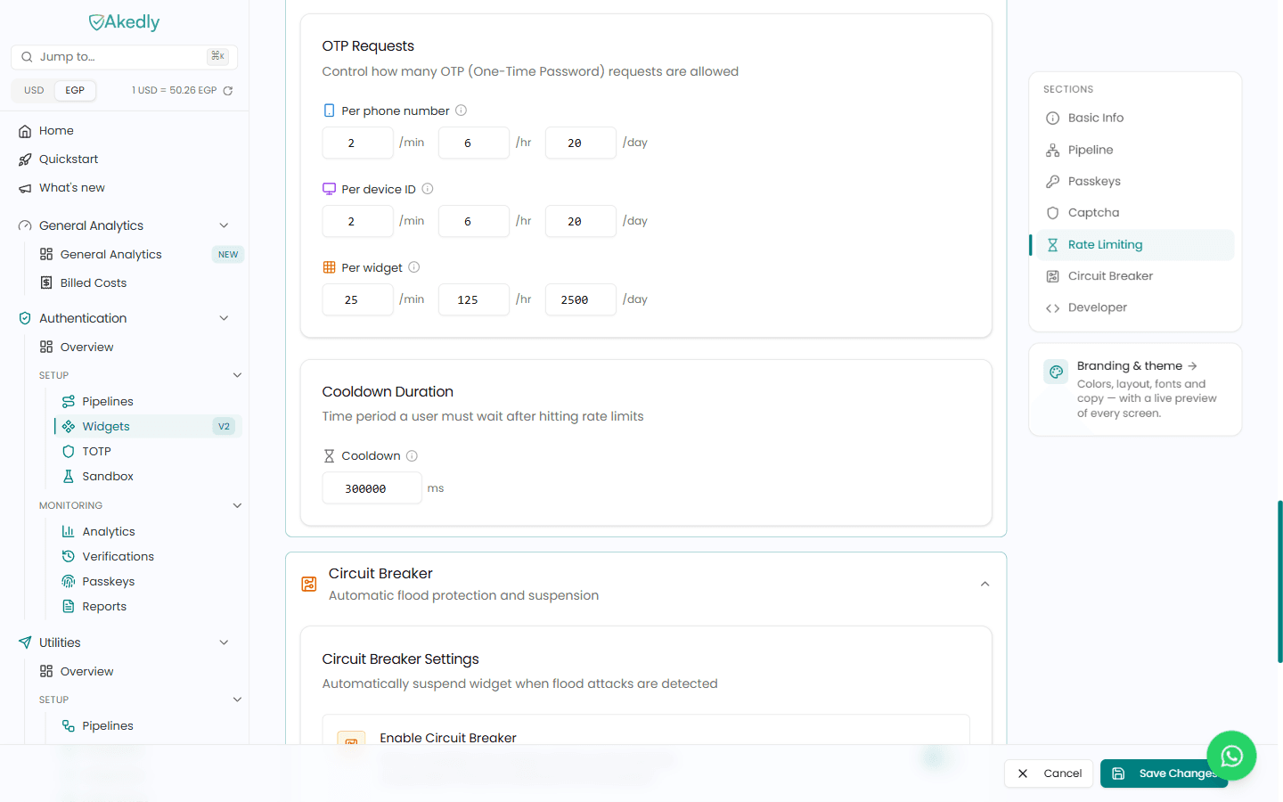 OTP Requests rate limits with per phone number, per device ID and per widget defaults