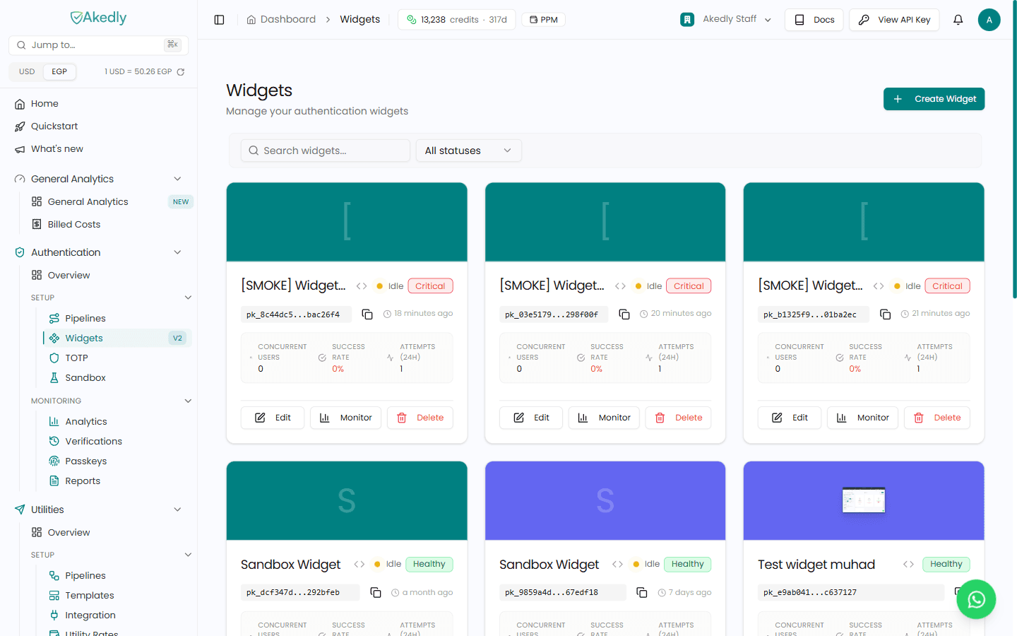 Widgets list showing widget cards with live stats and Edit, Monitor and Delete actions